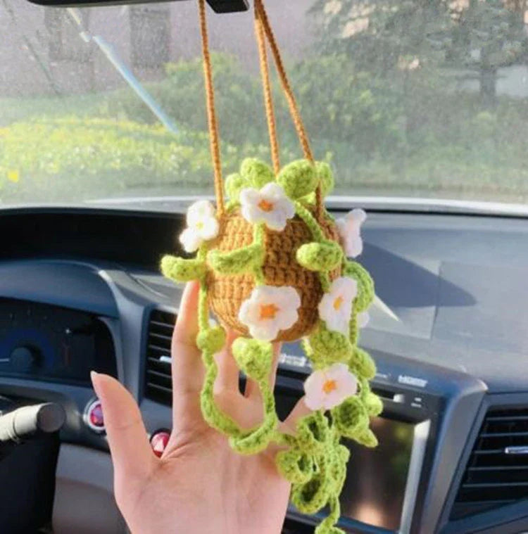 Charming knitted car plant decor with hanging white rope and green and white colour scheme