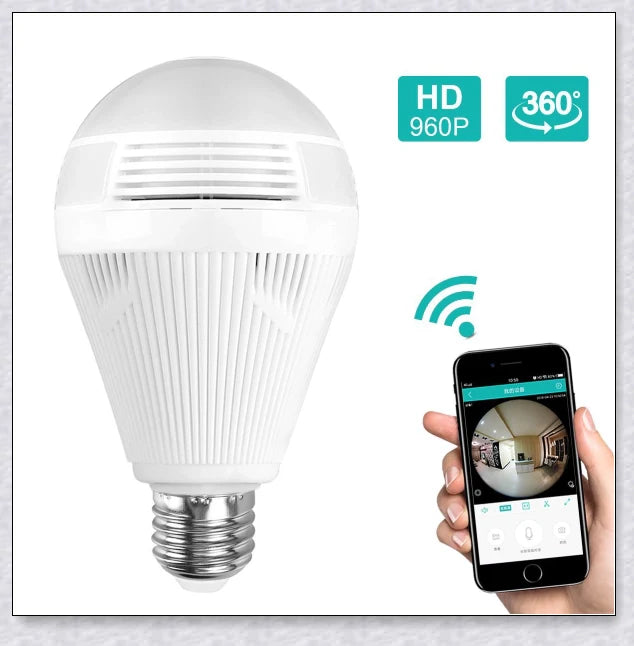 Discreet 1080p 360-degree panoramic WiFi security camera hidden in a light bulb design for comprehensive home surveillance