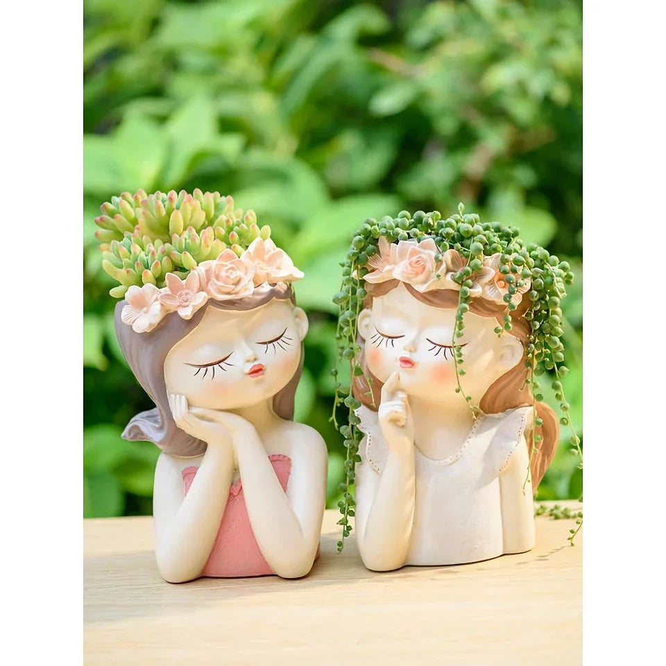 Charming 7.8-inch fairy girl planter made of high-quality resin with hand-painted details, perfect for succulents and small plants