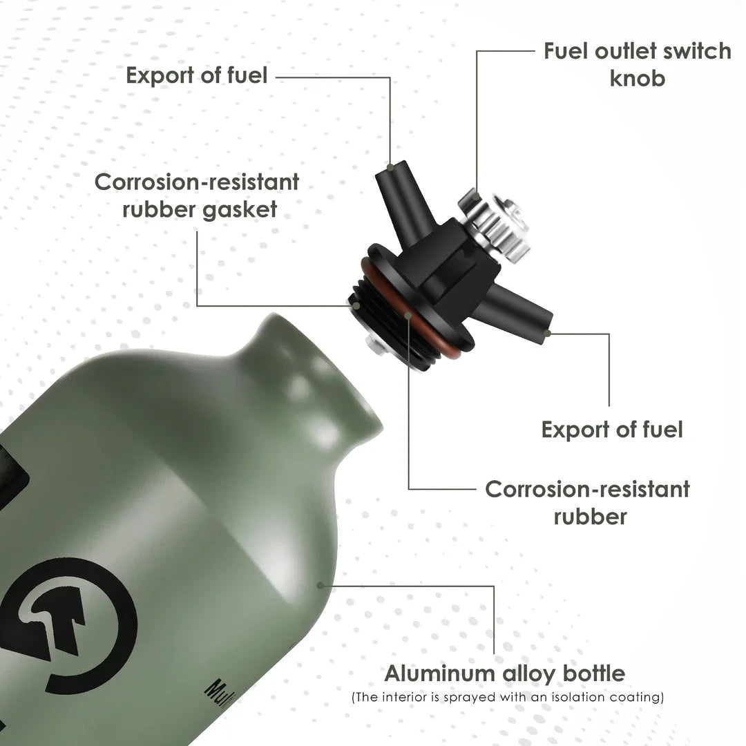 Portable aluminium liquid fuel storage bottle with safety cap and venting pipe, perfect for camping, hiking, and outdoor adventures
