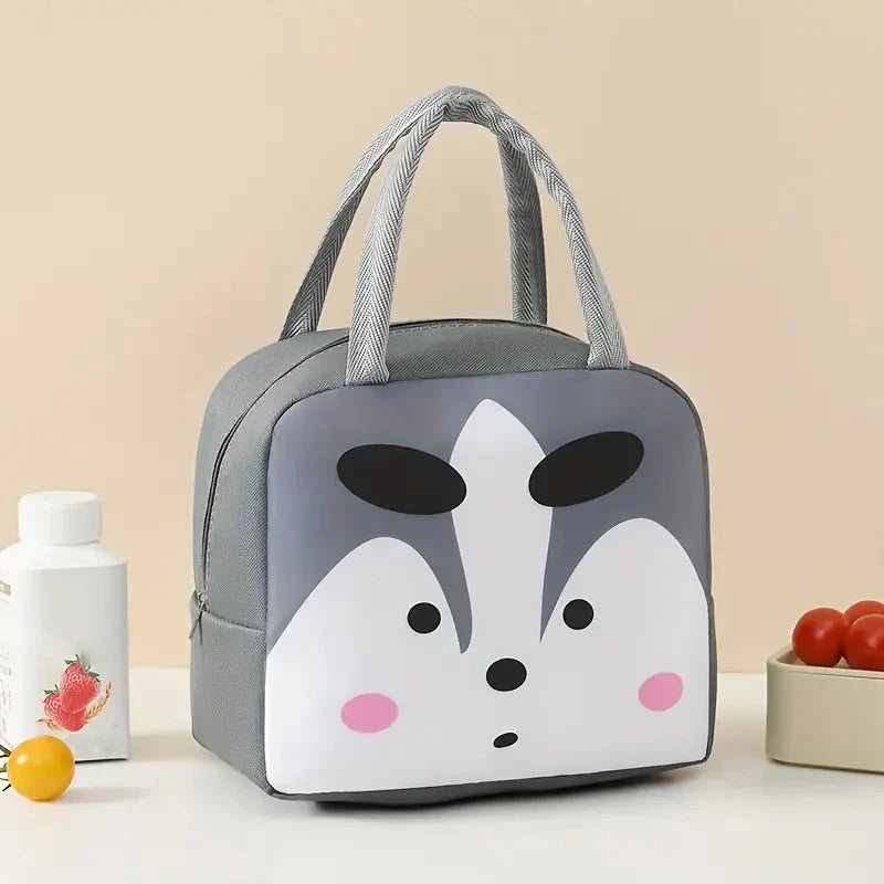 Cartoon animal-themed thermal lunch bag for children, made of durable Oxford cloth with insulated design and vibrant animal prints.