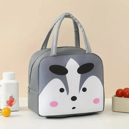 Cartoon animal-themed thermal lunch bag for children, made of durable Oxford cloth with insulated design and vibrant animal prints.