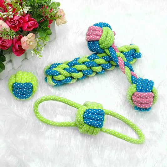 A 7-piece set of premium cotton rope toys for pets, featuring vibrant colours and varied shapes to stimulate your pet's senses