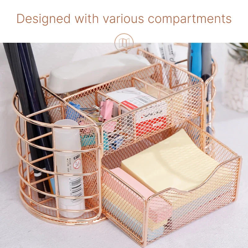 Premium metal mesh desktop organiser with multiple compartments and a sleek, modern design