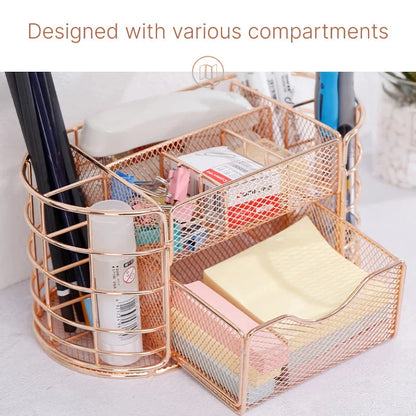 Premium metal mesh desktop organiser with multiple compartments and a sleek, modern design