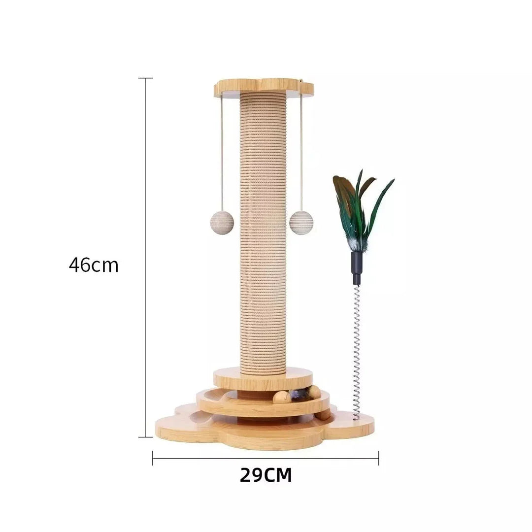 Premium pine wood cat scratcher tower with interactive turntable balls for feline playtime and activity