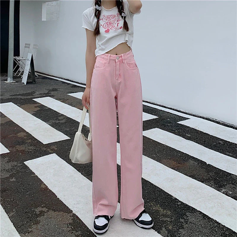 Premium cotton denim high-waist wide-leg trousers in a flattering, figure-hugging silhouette
