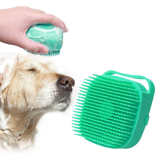 A yellow dog bath brush with a built-in shampoo dispenser and soft silicone bristles for a relaxing, spa-like bathing experience.