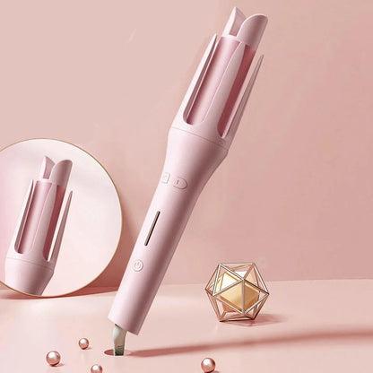 Auto-Rotating Ceramic Hair Styler in Pink, with adjustable temperature settings and dual voltage compatibility for worldwide use
