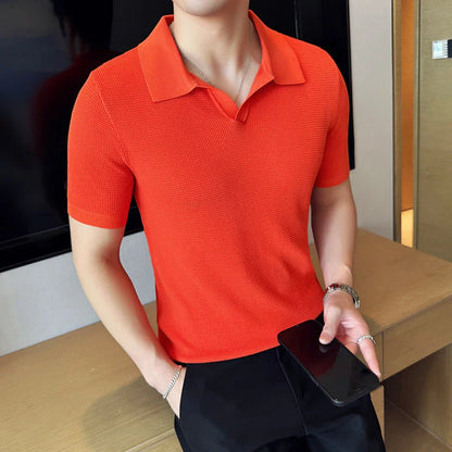 A premium cotton blend polo shirt in classic colours, featuring a v-neck lapel collar and slim fit design for a sophisticated casual look.