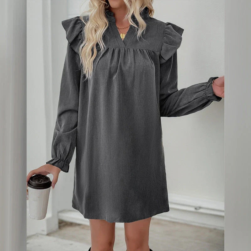 Elegant ruffled long sleeve dress in dark gray with loose lapel design for versatile British women's fashion