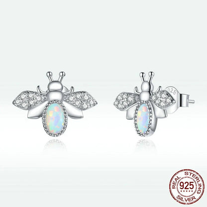 Charming Bee Stud Earrings with 925 sterling silver, white gold plating, and sparkling zircon and opal accents