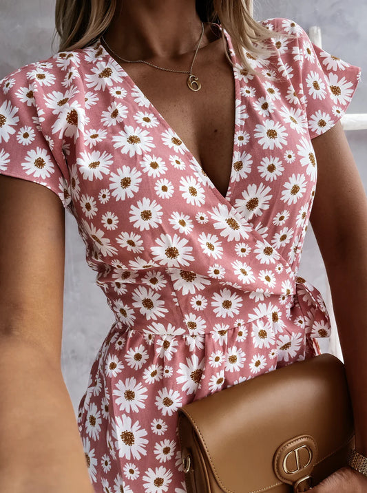 Chic V-Neck Elastic Waist Dress in Pink for a Flattering, Slimming Silhouette