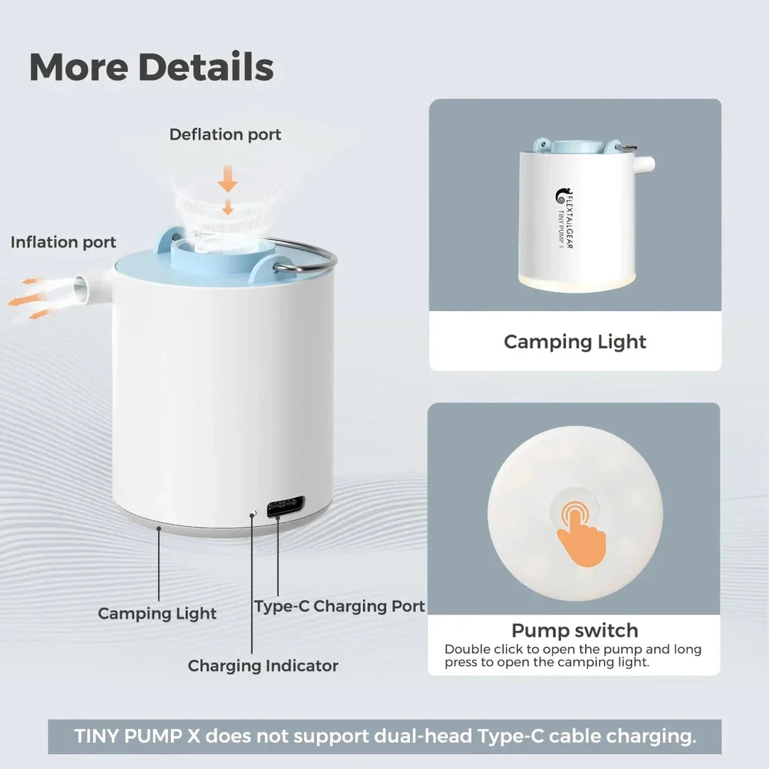 Compact portable electric air pump with built-in LED light for outdoor adventures and storage solutions