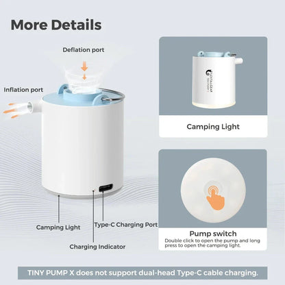 Compact portable electric air pump with built-in LED light for outdoor adventures and storage solutions