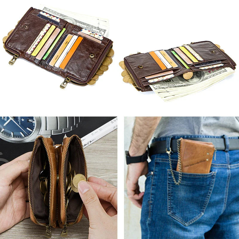 Premium leather coin purse with dual zipper closure, compact vertical design, and cowhide construction for men