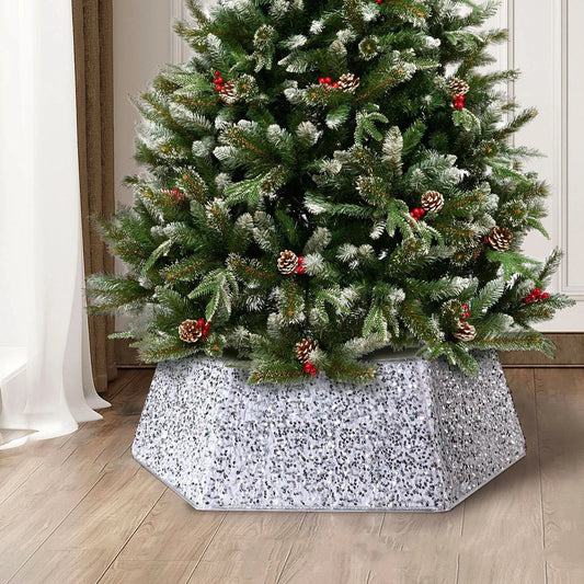 Shimmering sequin Christmas tree skirt in a range of festive colours, adding elegance and sophistication to holiday decor