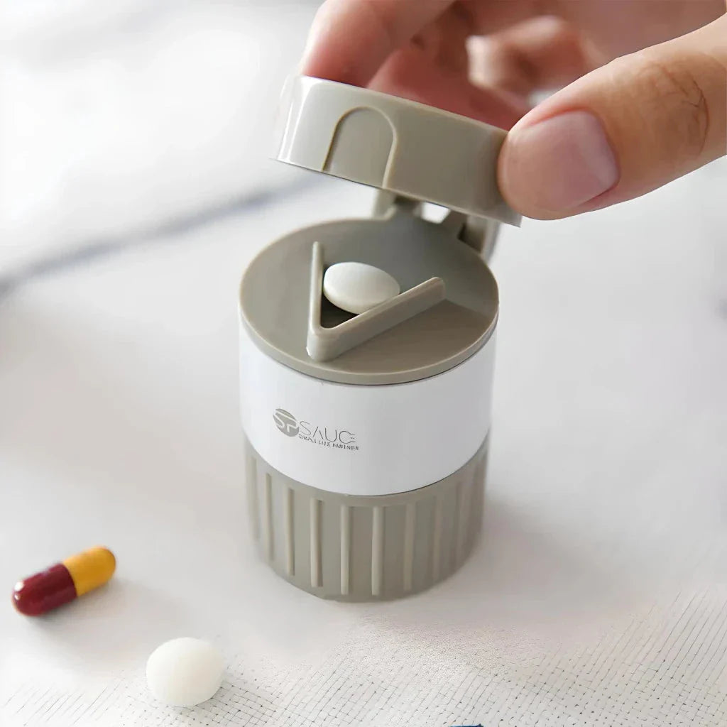 4-in-1 Portable Pill Grinder and Cutter with Pill Cutting Grid, Tablet Grinding Mechanism, and Tiered Storage Compartments