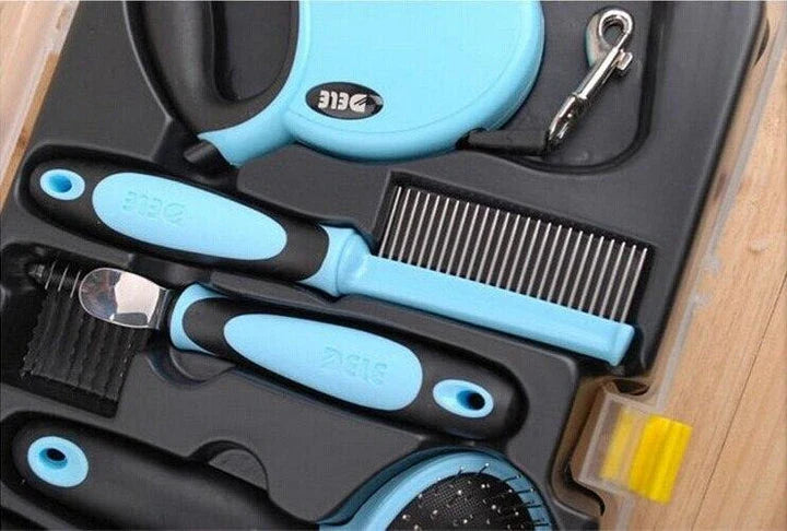 Premium UK pet grooming tool set with nail clippers, slicker brush, steel pin comb, deshedding tool, and retractable leash