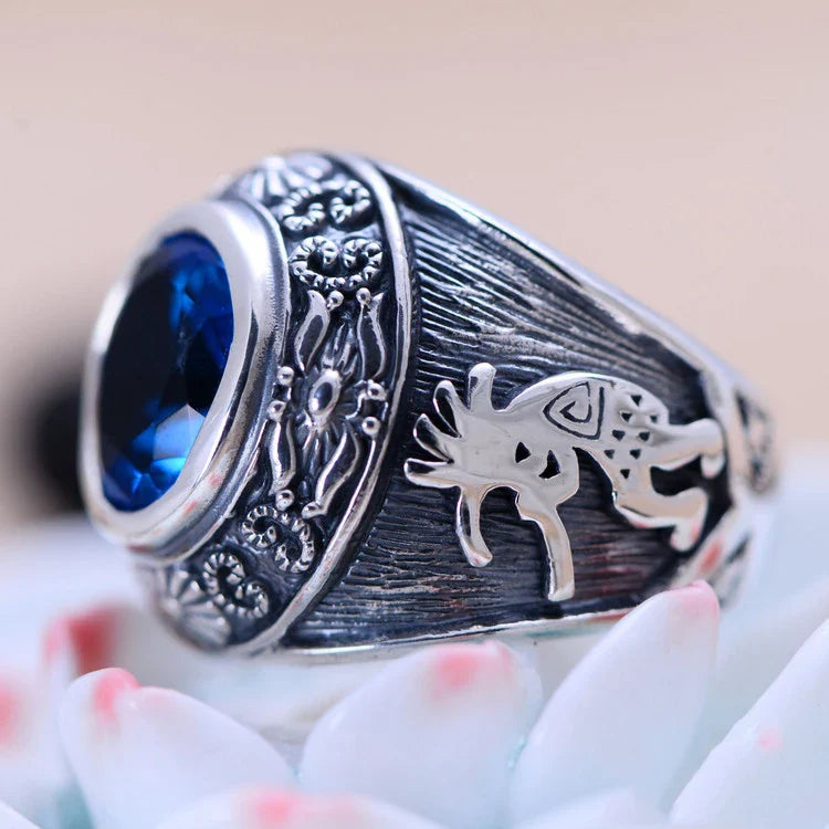 925 sterling silver personalized totem signet ring with blue crystal, a unique and captivating accessory for men