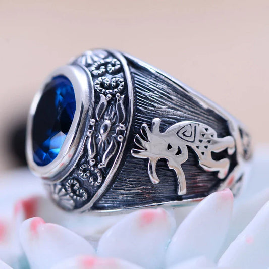 925 sterling silver personalized totem signet ring with blue crystal, a unique and captivating accessory for men