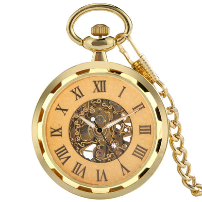 A vintage-inspired mechanical pocket watch with a skeleton display, showcasing the intricate inner workings of the timepiece.