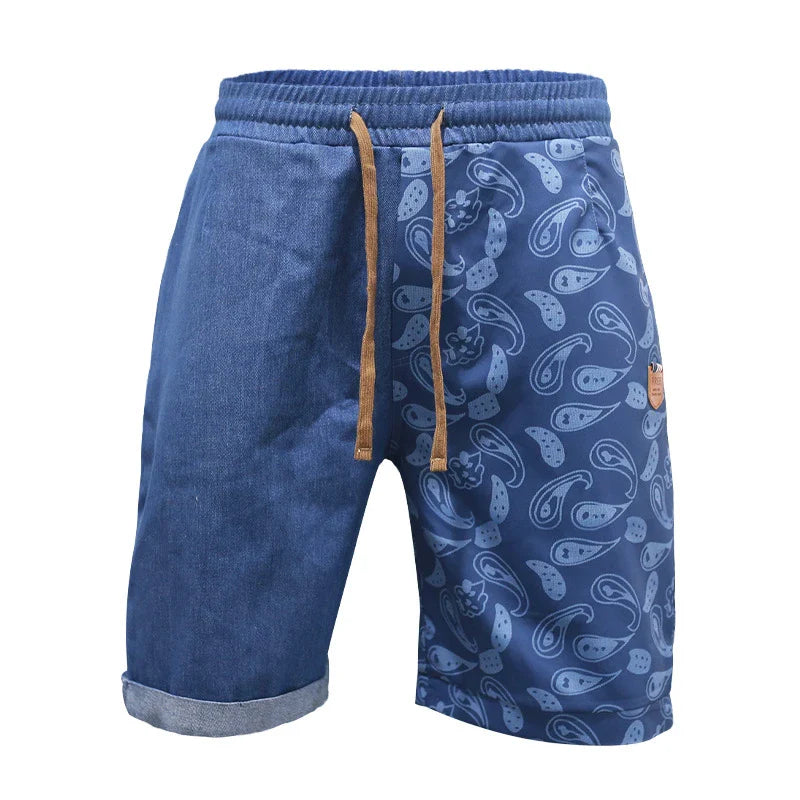 Relaxed-fit sports shorts in light blue and denim blue mosaic patterns, designed for casual everyday wear