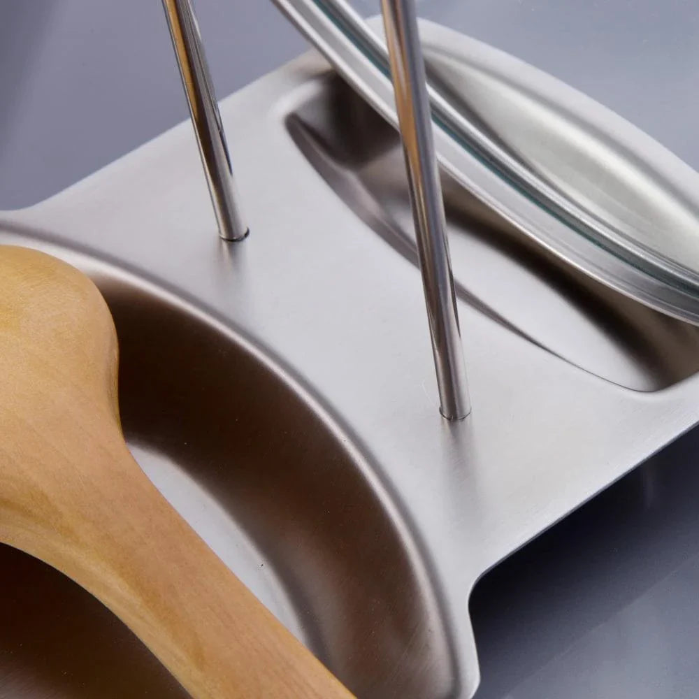 Premium stainless steel cooking utensils and pan lid rack for organised and elegant kitchen storage