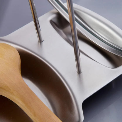 Premium stainless steel cooking utensils and pan lid rack for organised and elegant kitchen storage