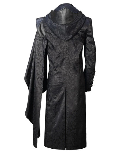 Black stand collar leather gothic cape coat with a flowing, dramatic silhouette