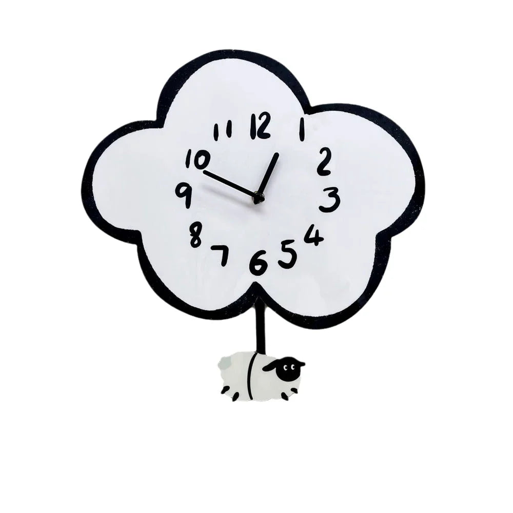38cm Silent Cartoon Cloud Sheep Swinging Wall Clock, a charming and eco-friendly wall decor with a playful sheep design