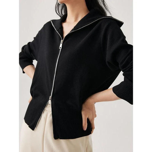 Elegant black silk-cotton blend cardigan with zipper closure, featuring a refined A-straight design and stylish details