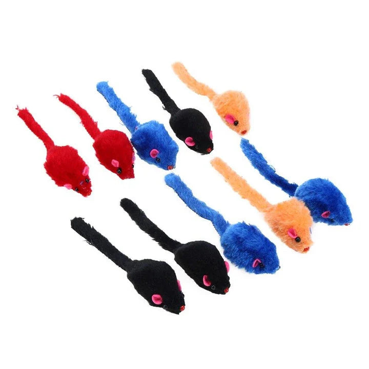 A set of ten charming and colourful mini mouse plush toys for cats to play with and engage their natural hunting instincts.