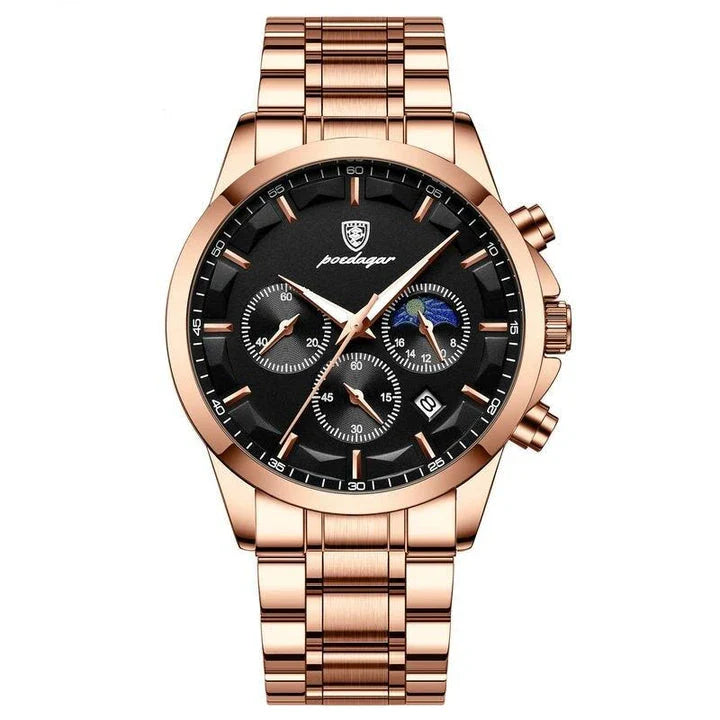 Premium Quartz Chronograph Sports Watch with stainless steel case, luminous hands, and adjustable leather strap