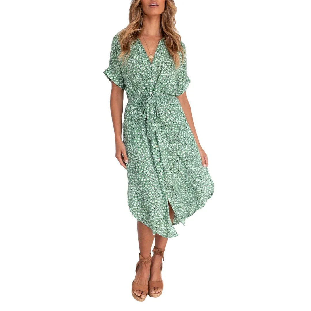 Elegant V-neck short-sleeved lace dress in a flattering silhouette, featuring delicate lace details and a blend of European and British fashion influences.