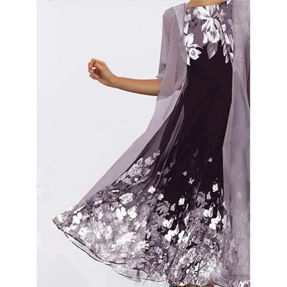 A stylish, multi-colour long dress made from high-quality chiffon fabric, featuring a comfortable swing skirt and versatile 3/4 sleeves.