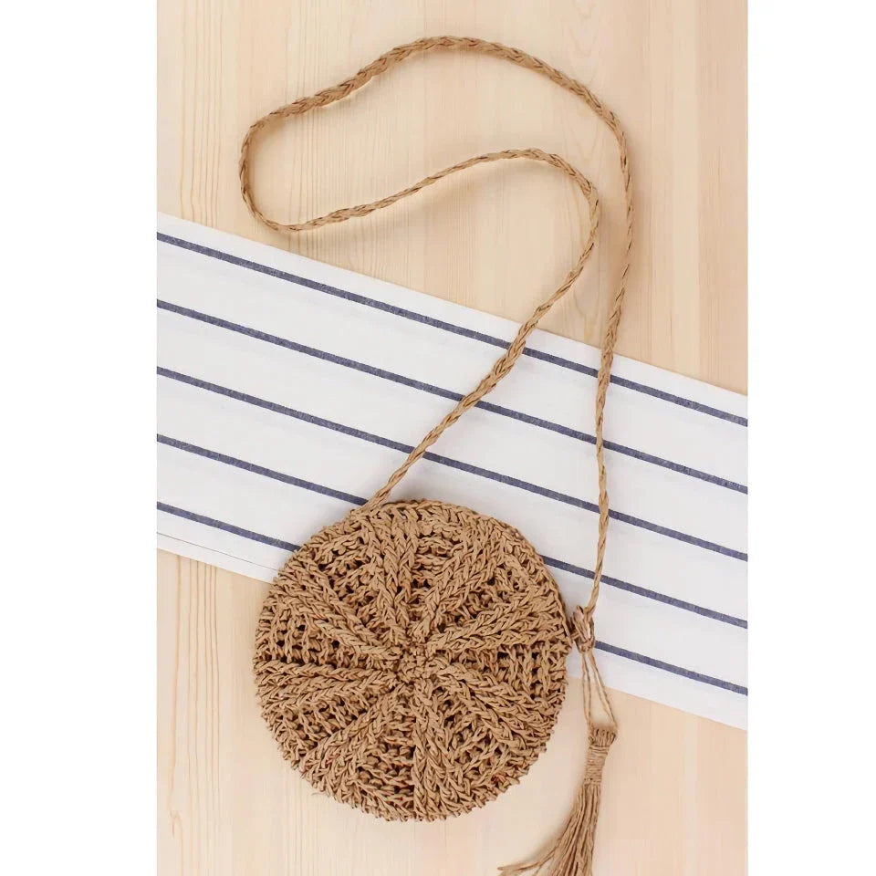 Bohemian Rattan Round Crossbody Bag in Beige Colour with Playful Tassel Accent