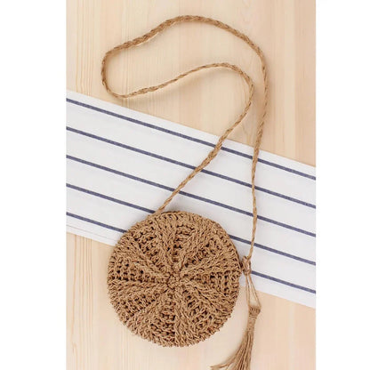 Bohemian Rattan Round Crossbody Bag in Beige Colour with Playful Tassel Accent