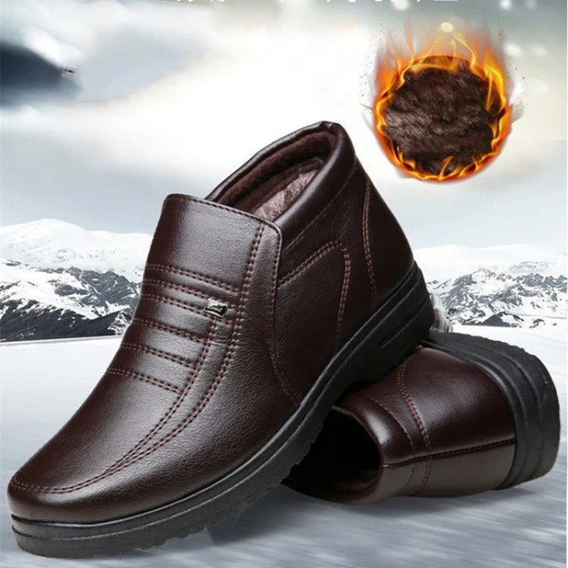 Premium cotton leather men's ankle boots in black and brown, featuring plush lining and durable rubber sole for warmth and stability in cold weather