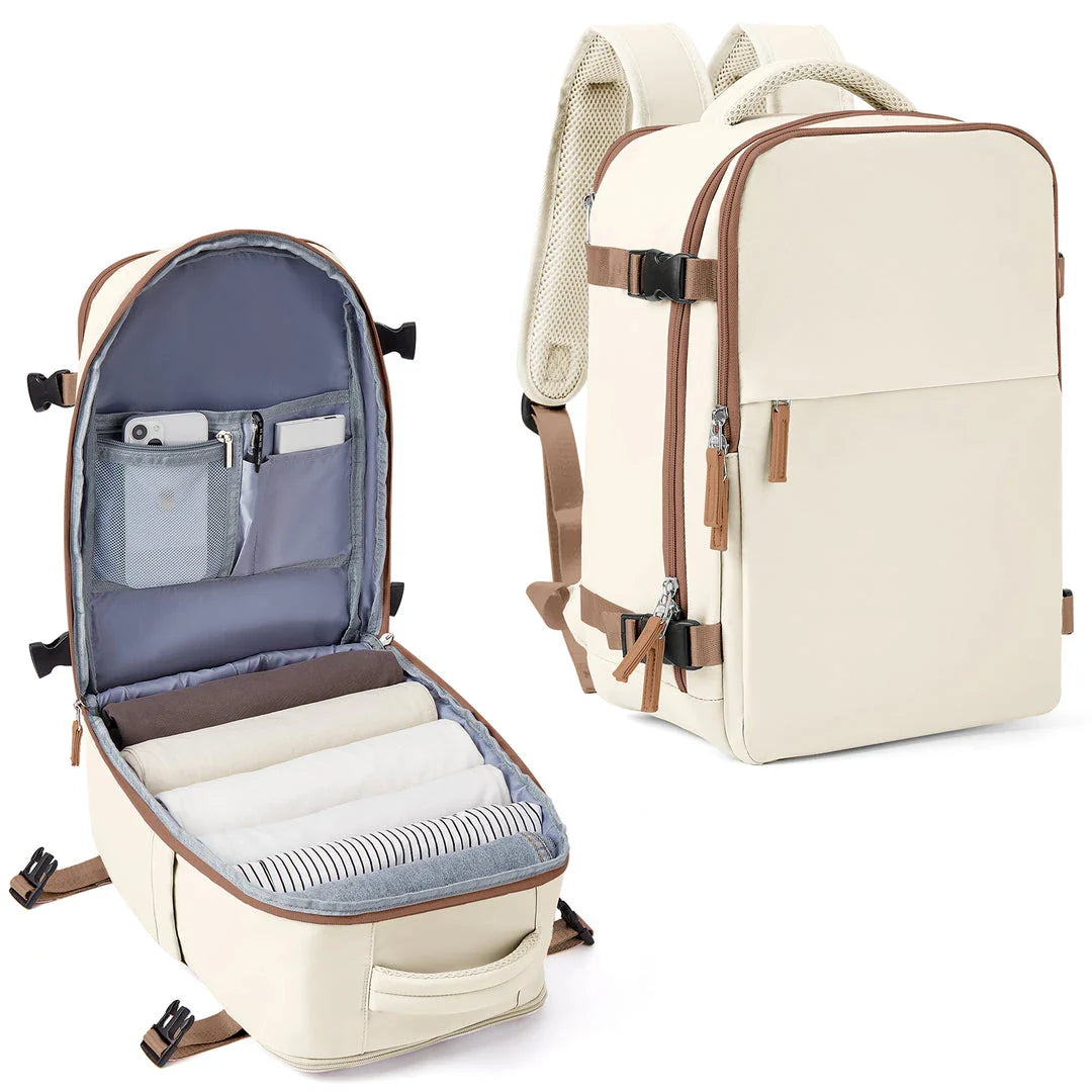 A durable and spacious travel backpack with multiple compartments and padded shoulder straps, suitable for British adventurers and commuters.