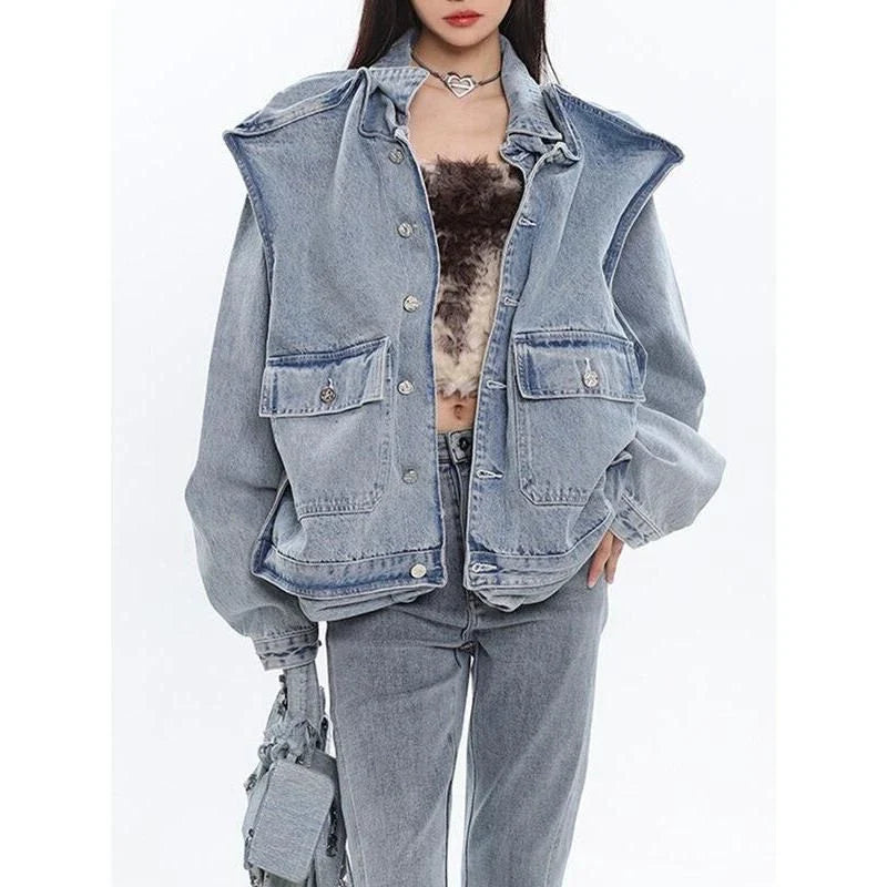 A stylish patchwork denim jacket with a relaxed fit, made from a blend of polyester and cotton for comfort and durability.