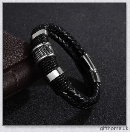 Premium black braided leather and stainless steel men's bracelet with adjustable sizing for a comfortable, custom fit