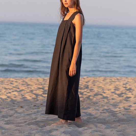 Elegant square collar sleeveless midi sundress in a flowing A-line silhouette, made of breathable cotton-linen blend fabric