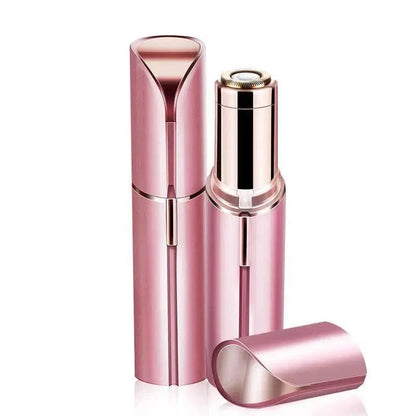 Discreet, lipstick-shaped facial hair remover for women with precision blades and battery-powered operation