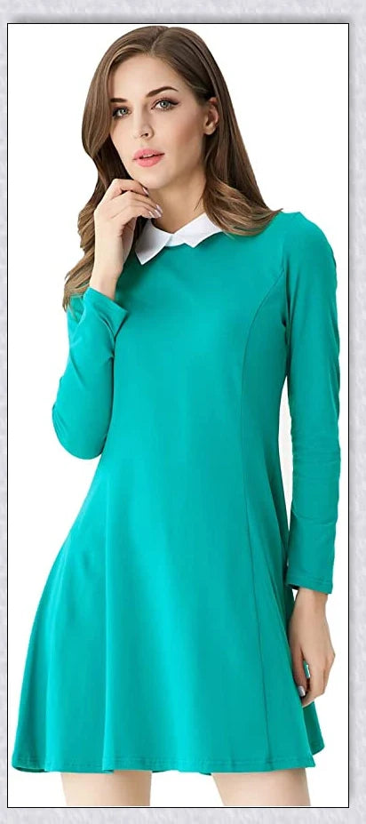 Elegant long-sleeved Peter Pan collar dress in multiple colours, perfect for Halloween or casual wear