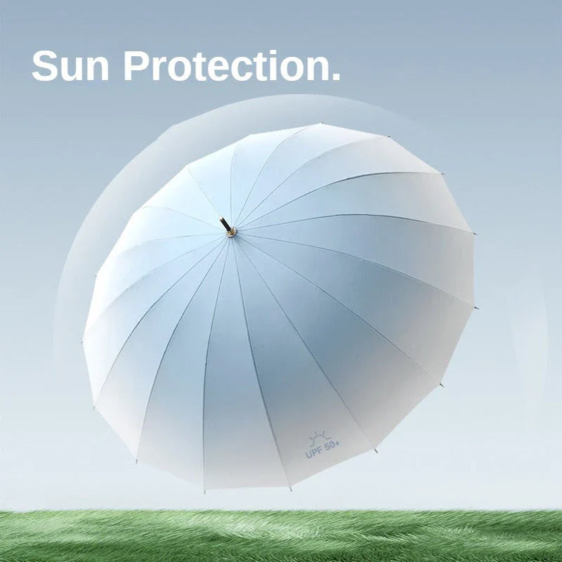 Gradient sun umbrella with durable fiberglass and aluminium construction, providing excellent UV protection and wind resistance for British weather