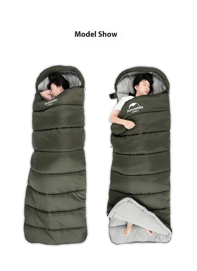 Naturehike Luxury Down-filled Sleeping Bag for Outdoor Camping in Hollow Cotton/Clay Gray, Hollow Cotton/Moxa Leaf Green, and Down Cotton/Sky Blue colours