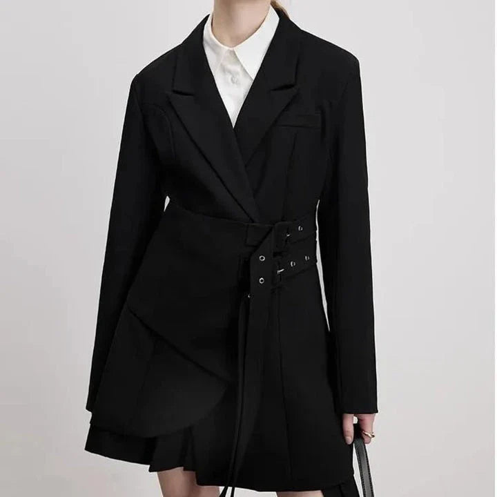 Chic slim-fit adjustable waist blazer in black colour, perfect for formal and casual occasions in the UK