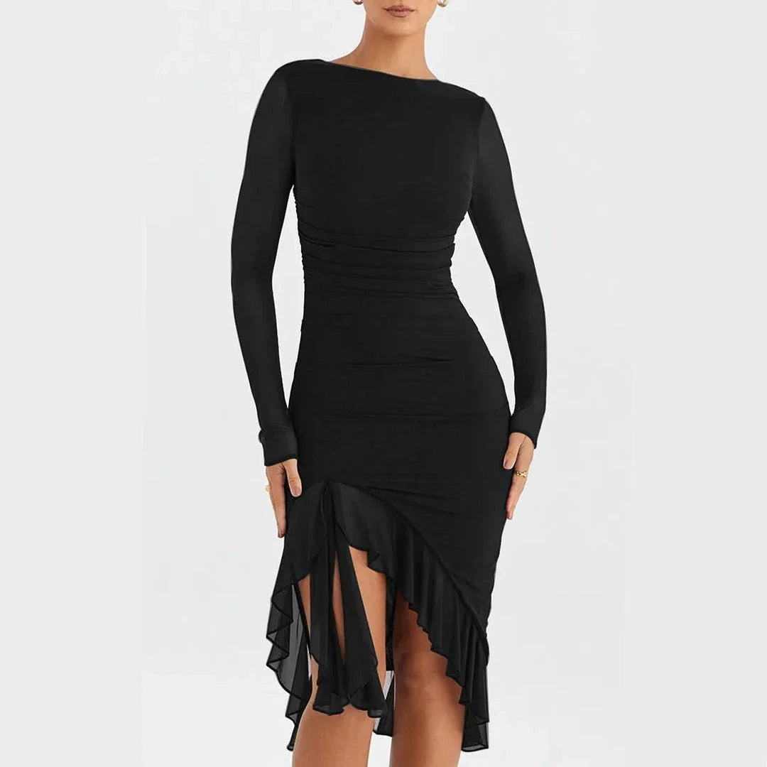 Elegant Ruffled and Ruched Mini Dress in Wine Red with a backless, ruffled, and ruched design for a stylish statement
