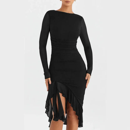 Elegant Ruffled and Ruched Mini Dress in Wine Red with a backless, ruffled, and ruched design for a stylish statement